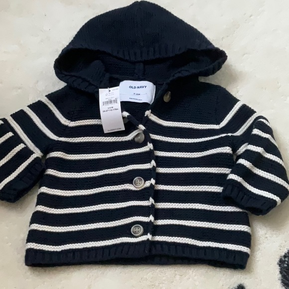 Old Navy hooded button down sweater. Navy and white strips. Size 3-6 months. - Picture 2 of 5